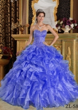 2014 Purple Puffy Sweetheart Ruffles Organza Quinceanera Dress with Beading