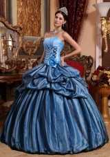 Aqua Blue Puffy Strapless for 2014 Hand Made Flower Quinceanera Dress with Pick-ups