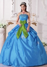 Aqua Puffy Gown Quinceanera Dress Strapless with Beading and Bow for 2014