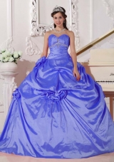 Blue Ball Gown Sweetheart for 2014 Quinceanera Dress with Beading and Hand Made Flowers