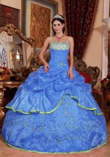 Brand New Blue Puffy Strapless for 2014 Appliques Quinceanera Dress with Pick-ups