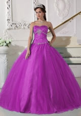 Elegant Fuchsia Strapless Tulle Beading and Ruching Sweet 15 Dresses