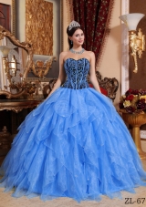 Inexpensive Blue Puffy Sweetheart Embroidery and Beading Quinceanera Dress For 2014