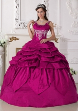 Modest Fuchsia Scoop Taffeta Appliques and Pick-ups Quinceanera Dress