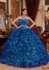 Peacock Blue Puffy Sweetheart For 2014 Beading Quinceanera Dress with Ruffles