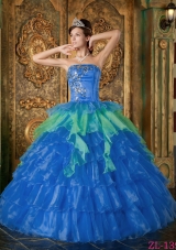 2014 Affordable Blue Puffy Strapless Ruffled Layers Quinceanera Dress with Appliques