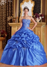 2014 Aqua Blue Puffy Strapless Pick-ups Taffeta Quinceanera Dress with Beading and Appliques