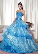 2014 Aqua Blue Puffy Sweetheart Quinceanera Dress with Beading and Hand Made Flower
