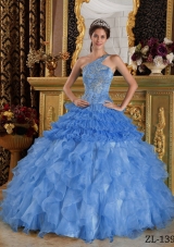2014 Beautiful Blue Puffy One Shoulder Quinceanera Dress with Beading and Ruffled Layers