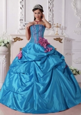 2014 Elegant Teal Puffy Quinceanera Dress Strapless with Beading and Hand Made Flowers