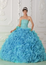 2014 Organza Puffy Strapless Beading Blue Quinceanera Dress with Ruffles