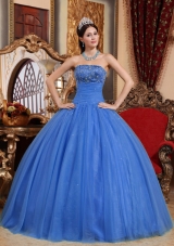 Blue Quinceanera Dress Puffy Strapless with Embroidery and Beading for 2014