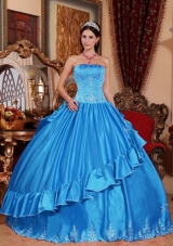Fashionable Embroidery Quinceanera Dress in Aqua Blue Puffy Strapless for 2014