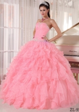 Pink Ball Gown Strapless Floor-length Organza Beading Quinceanera Dress