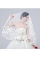 2014 Two-Tier Tulle Lace Appliques Edge Bridal Veils