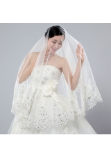 2014 Cheap Two-Tier White Fingertip Veil with Lace Edge