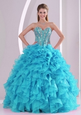Blue Sweetheart Ruffles and Beaded Decorate Sleeveless Quinceanera Gowns