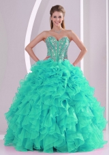 Fall Ball Gown Sweetheart Ruffles and Beaded Decorate Turquoise Quinceanera Gowns