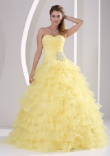 Light Yellow Ruffles Sweetheart Appliques and Ruch Quinceaners Gowns For Military Ball