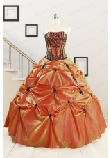 2015 Cheap Appliques Quinceanera Dresses in Orange Red and Black