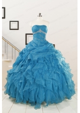 2015 Elegant Strapless Blue Quinceanera Dresses with Beading and Ruffles