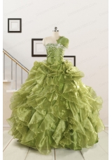 Inexpensive Olive Green Dresses for Quince with Beading and Ruffles