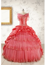 2015 Puffy Appliques Watermelon Quinceanera Dresses with Strapless