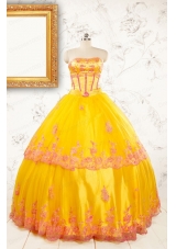 Gold Strapless Beautiful Quinceanera Dresses with Appliques