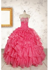 Hot Pink Strapless Beading and Ruffles Ball Gown 2015 Quinceanera Dresses