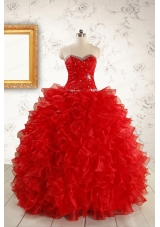 Pretty Ball Gown Sweetheart 2015 Red Quinceanera Dresses with Beading