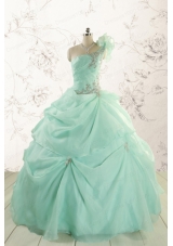 2015 Apple Green One Shoulder Cheap Quinceanera Dresses with Appliques