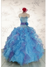 2015 Pretty Strapless Appliques and Ruffles QuinceDress in Multi Color