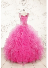 2015 Pretty Straps Hot Pink Quinceanera Dresses with Beading