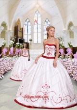 White and Red Satin Princesita Dress with Embroidery