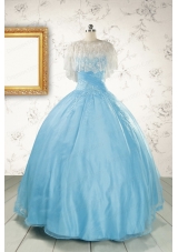 2015 Puffy Beading Baby Blue Quinceanera Dress with Wraps