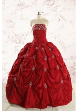 Discount Strapless Wine Red Appliques Quinceanera Dresses for 2015