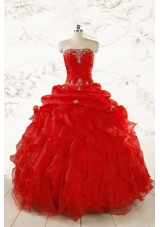 2015 Ball Gown Strapless Beading and Ruffles Red Sweet 15 Dresses