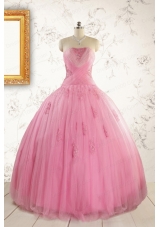 2015 Pretty Pink Quinceaneras Dresses with Appliques and Beading