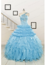 2015 Baby Blue One Shoulder Sweet 15 Dresses with Beading