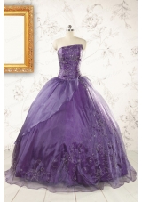 2015 Discount Purple Strapless Appliques Quinceanera Dresses