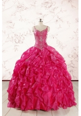 2015 Unique Beading Hot Pink Quinceanera Dresses with Spaghetti Straps