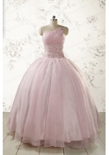 2015 One Shoulder Beading Light Pink Quinceanera Dresses