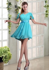 A Line Ruching and Belt V Neck Prom Dress with Cap Sleeves