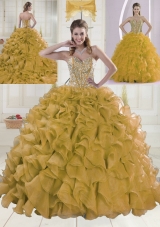 2015 Spring Sweetheart Brush Train Beading Gold Quinceanera Dress