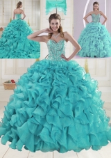 Aqua Blue Sweetheart Brush Train Beading Quinceanera Dresses