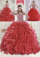 Beautiful Sweetheart Coral Red Quinceanera Dresses with Brush Train