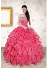 2015 Hot Pink Strapless Quinceanera Dresses with Beading and Ruffles