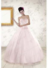 2015 Modest Light Pink Quinceanera Dresses with Appliques