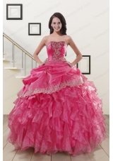 Appliques and Ruffles 2015 Hot Pink Quinceanera Gowns