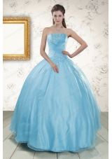 Elegant Strapless Beading 2015 Affordable Quinceanera Dress in Baby Blue